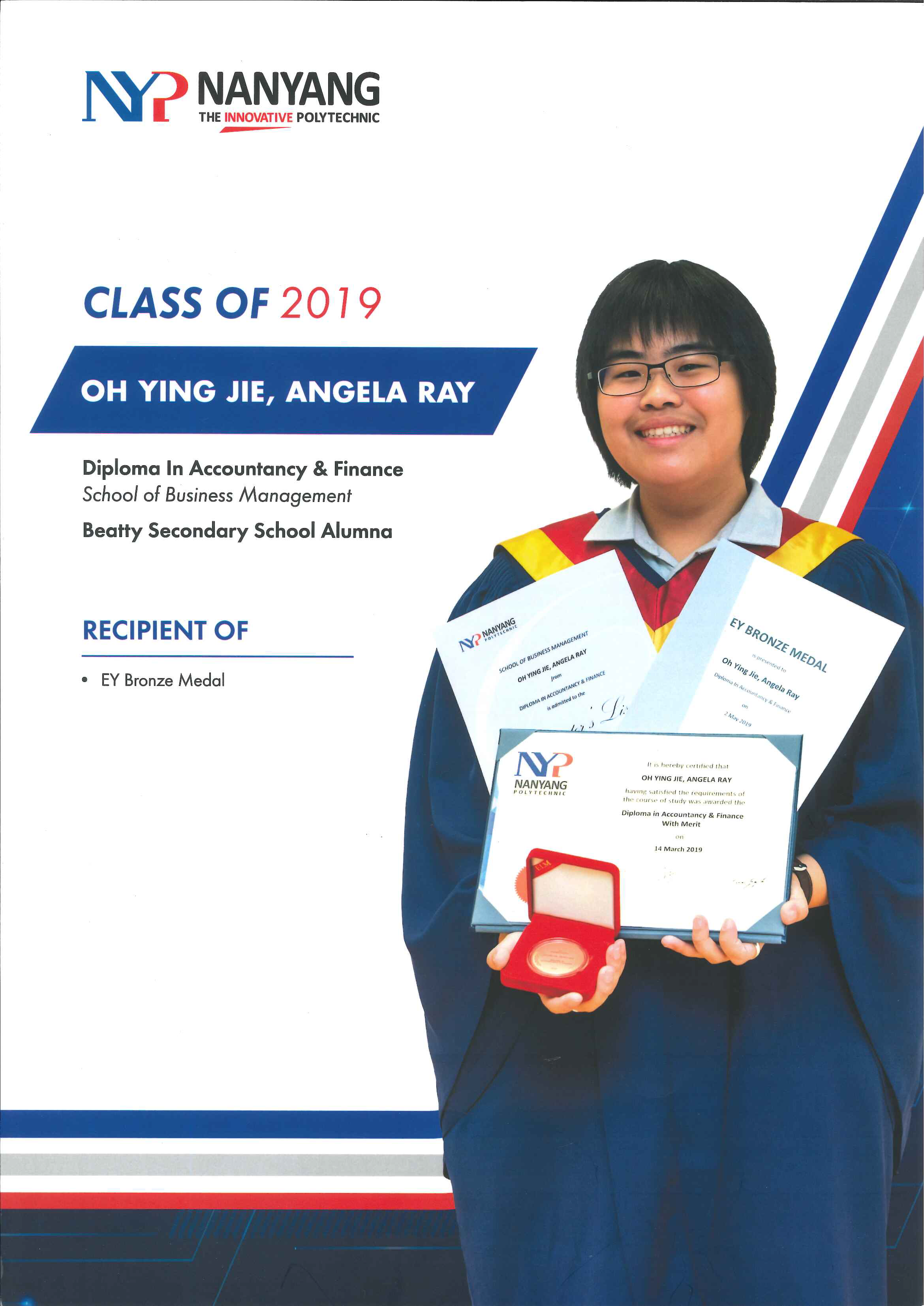 Nanyang Polytechnic EY Bronze Medal Poster featuring Alumni Oh Ying Jie, Angela Ray